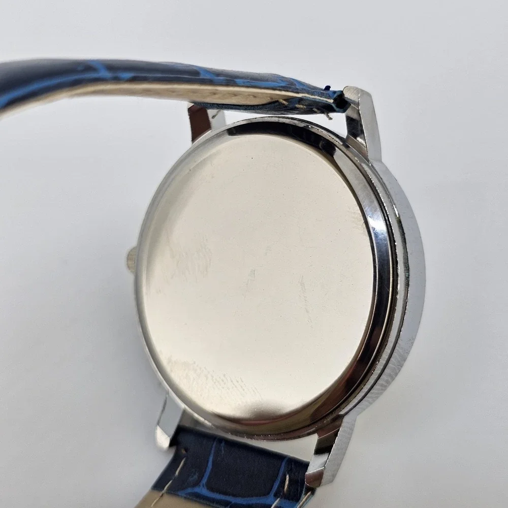 Men's Analog Easy Read Watch 40MM White Dial Blue Faux Leather Bands New Battery